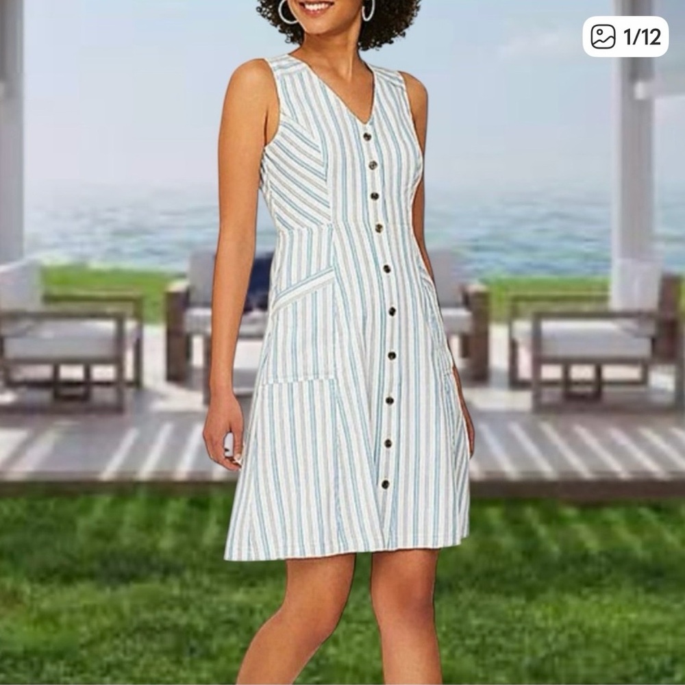 NWT LOFT Women Sleeveless Striped Button-Front Summer Dress Blue & White size 4